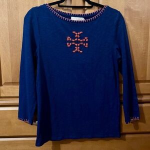 Tory Burch NWT Jayda Beaded Logo Navy 3/4 Sleeve Top in M